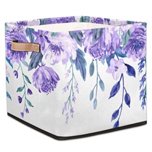 Purple Flower Pattern Storage Basket Bins for Organizing Pantry/Shelves/Office/Girls Room, Floral Print Storage Cube Box with Handles Collapsible Toys Organizer 13x13