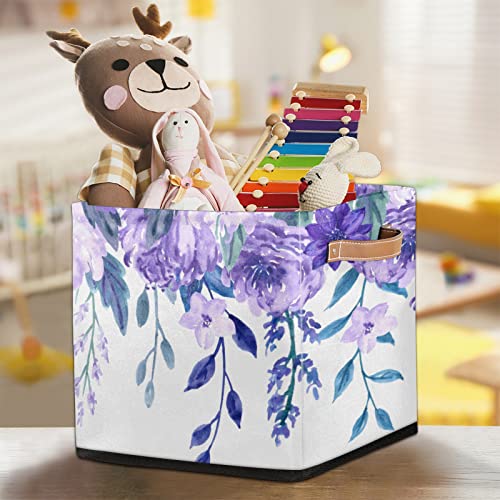 Purple Flower Pattern Storage Basket Bins for Organizing Pantry/Shelves/Office/Girls Room, Floral Print Storage Cube Box with Handles Collapsible Toys Organizer 13x13