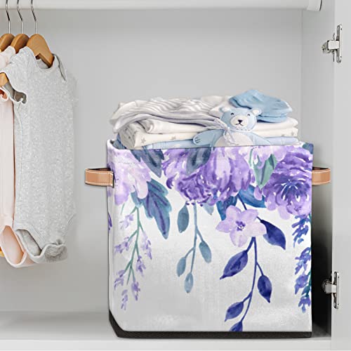 Purple Flower Pattern Storage Basket Bins for Organizing Pantry/Shelves/Office/Girls Room, Floral Print Storage Cube Box with Handles Collapsible Toys Organizer 13x13