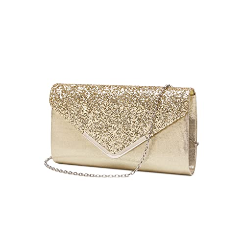 LAM GALLERY Sparkling Evening Clutch Handbag Bling Wedding Bride Purse Glitter Chain Shoulder Crossbody Bag - Gold