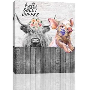 CSWMZQZY Highland Cow Head Wearing Flowers and Cute Pig Lavender Bathroom Decor Wall Art Hello Sweet Cheeks Farmhouse Animal Canvas Print Picture Framed Artwork (HELLO PIG COW,Wooden frame8''x10'')