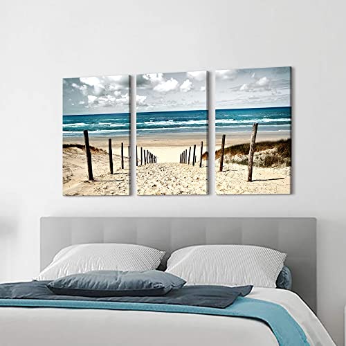 Coastal Beach Wall Art Bedroom: 3 Pieces Ocean Picture Seaside Painting Print on Seascape Artwork for Living Room Bathroom Decor(16x26)