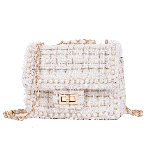 Qiayime Purse and Handbags for Women Fashion Tweed Pearl Top Handle Satchel Shoulder Tote bead chain Crossbody Clutch Bag (White)