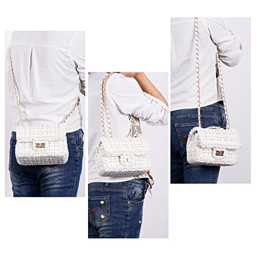 Qiayime Purse and Handbags for Women Fashion Tweed Pearl Top Handle Satchel Shoulder Tote bead chain Crossbody Clutch Bag (White)