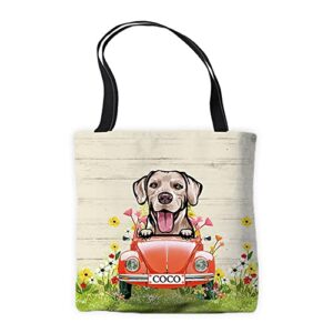 personalized canvas tote bag peeking dog rhodesian ridgeback in red retro car surrounding with flowers spring summer bag