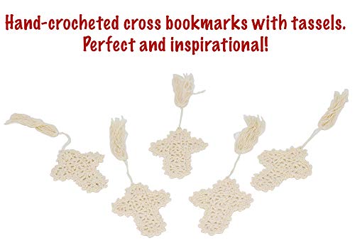 Home-X Ivory Crocheted Cross Bookmarks with Tassel-Religious Church Gifts and Bible Study Supplies-Set of 10-4"H x 3"W