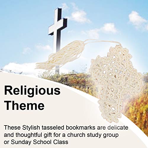 Home-X Ivory Crocheted Cross Bookmarks with Tassel-Religious Church Gifts and Bible Study Supplies-Set of 10-4"H x 3"W