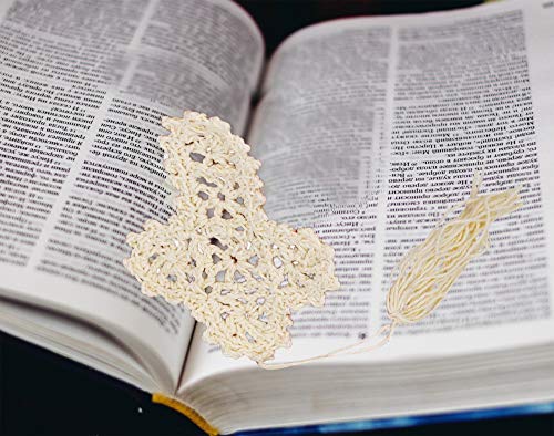 Home-X Ivory Crocheted Cross Bookmarks with Tassel-Religious Church Gifts and Bible Study Supplies-Set of 10-4"H x 3"W