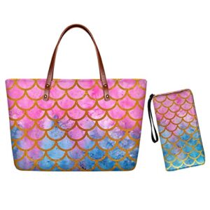 bychecar handbags set for women tote bag colorful fish scales pattern top handle satchel bags shoulder purse wallets wristlet strap wallet