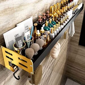 24hocl floating shelves wall mounted with 7 removable s hooks, adhesive/drill installation wall shelves for bedroom/bathroom/living room/kitchen/laundry room, storage & decoration, black/gold