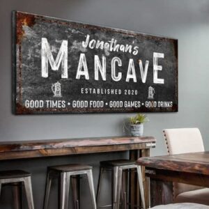 tailored canvases man cave wall sign – personalized mancave wall art decor for men, guys – custom decoration for home bar, entertainment room, game room and basement – rustic decoration 20x10in