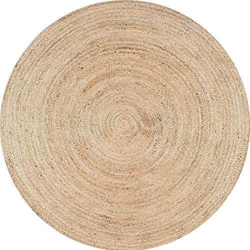 Antique Rugs Handwoven Jute Area Rug, Natural Yarn, Rustic Vintage Braided Reversible Rug-Natural Color, Eco Friendly-4 Feet, Round Shape