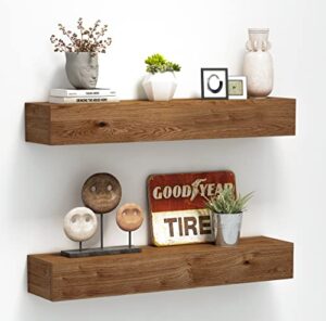 roorevo wall floating shelves, rustic wood wall shelf handmade (light walnut, 24 inch – 2 pack)