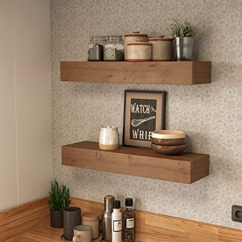 ROOREVO Wall Floating Shelves, Rustic Wood Wall Shelf Handmade (Light Walnut, 24 Inch - 2 Pack)