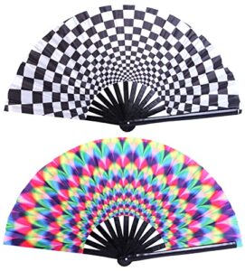 gionforsy 2pcs rave hand fan bamboo holding hand fan large folding fan with bright color fabric folding fan for festival (style-1)