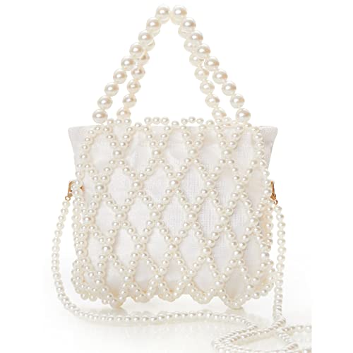 BABEYOND Women Pearl Clutch Purse - Bucket Beaded Bridal Evening Bag Formal Reticulated Bag with Inner Bag for Party Wedding