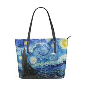 starry night painting tote bag for women, large leather tote shoulder bag handbag with zipper, 11.8 x 3.5 x 11 inch