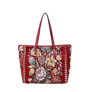 mellow world flower shop embroidered hand beaded detailed vintage tapestry tote handbag for women, red