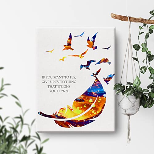 If You Want To Fly Give Up Everything That Weighs You Down Watercolor Canvas Painting Birds Feather Prints for Home Wall Art Decor Framed Artwork Gifts(12x15 )