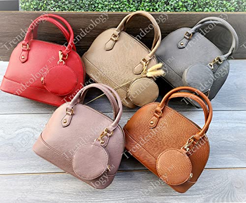 Vegan Leather Womens Girls Small Dome Satchel Bag Coin Purse Tote Handbag Crossbody (2-Piece Set with Coin Purse - Khaki)