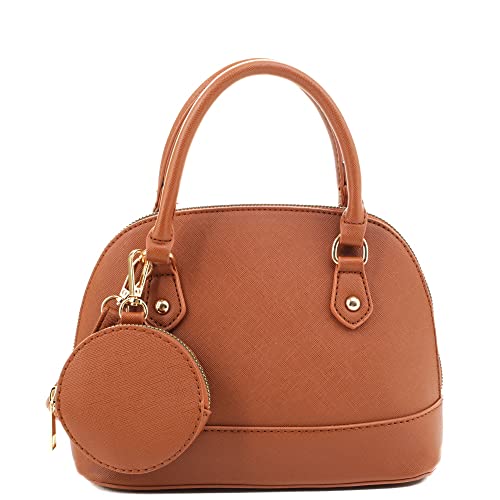 Vegan Leather Womens Girls Small Dome Satchel Bag Coin Purse Tote Handbag Crossbody (2-Piece Set with Coin Purse - Khaki)