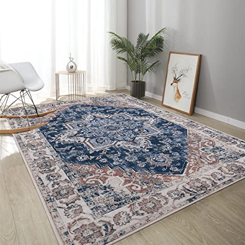 Wemina Vintage Bohemian Area Rug Non-Slip Traditional Oriental Rug Distressed Floral Medallion Accent Throw Carpet for Door Mat Entryway Bedroom Bathroom Kitchen Decor，Green, 3’X 5’