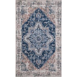 Wemina Vintage Bohemian Area Rug Non-Slip Traditional Oriental Rug Distressed Floral Medallion Accent Throw Carpet for Door Mat Entryway Bedroom Bathroom Kitchen Decor，Green, 3’X 5’