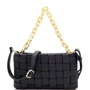 womens girls gold chain accent vegan leather clutch purse tote handbag crossbody (black)
