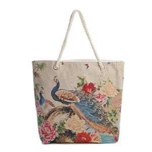maxzoom canvas tote bags casual shoulder bag handbag purse large grocery shopping bag with gold embroidery animal design for women, d1-peacock, 18 inches