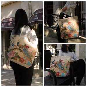 MAXZOOM Canvas Tote Bags Casual Shoulder Bag Handbag Purse Large Grocery Shopping Bag with Gold Embroidery Animal Design for Women, D1-peacock, 18 inches