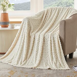 beautex jacquard fleece throw blanket(50”x60”, beige) for couch bed and sofa, soft sherpa fuzzy blankets throw size, cozy fluffy plush throws for all seasons using