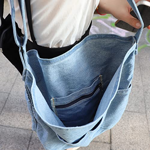 WantGor Large Tote Bag, Denim Shoulder Bag Crossbody Hobo Bags Casual Retro Canvas Bag for Women Travel Work