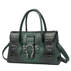 crocodile pattern leather top handle satchel handbags for women medium fashion ladies shoulder bag tote purse (green)