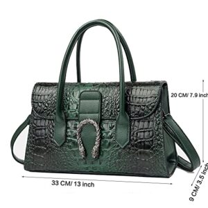 Crocodile Pattern Leather Top Handle Satchel Handbags for Women Medium Fashion Ladies Shoulder Bag Tote Purse (Green)