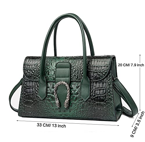 Crocodile Pattern Leather Top Handle Satchel Handbags for Women Medium Fashion Ladies Shoulder Bag Tote Purse (Green)