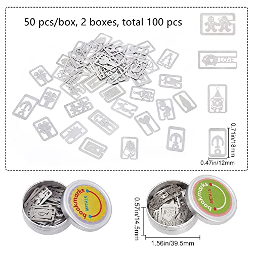 CRASPIRE 2 Boxes Book Darts Thin Stainless Steel Mini Bookmarks 100 Pieces Metal Bookmarks Mixed Shapes for Reading, Page Mark, Students