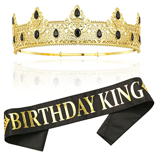 Birthday King Crown and Birthday King Sash,Birthday Gifts For Men , Birthday Party Prom Decoration For Men (Gold-1)