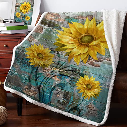 AmbeHome Luxury Sherpa Fleece Blanket, Floral Sherpa Blanket Fuzzy Throw Blanket Soft Plush Blankets and Throws for Bed Sofa, 50x60 Sunflower Summer Plant Retro Backdrop