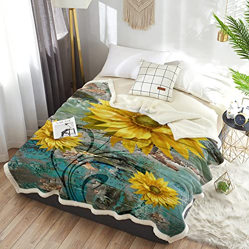 AmbeHome Luxury Sherpa Fleece Blanket, Floral Sherpa Blanket Fuzzy Throw Blanket Soft Plush Blankets and Throws for Bed Sofa, 50x60 Sunflower Summer Plant Retro Backdrop