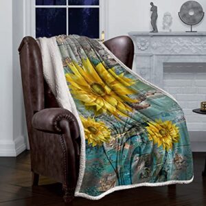 AmbeHome Luxury Sherpa Fleece Blanket, Floral Sherpa Blanket Fuzzy Throw Blanket Soft Plush Blankets and Throws for Bed Sofa, 50x60 Sunflower Summer Plant Retro Backdrop