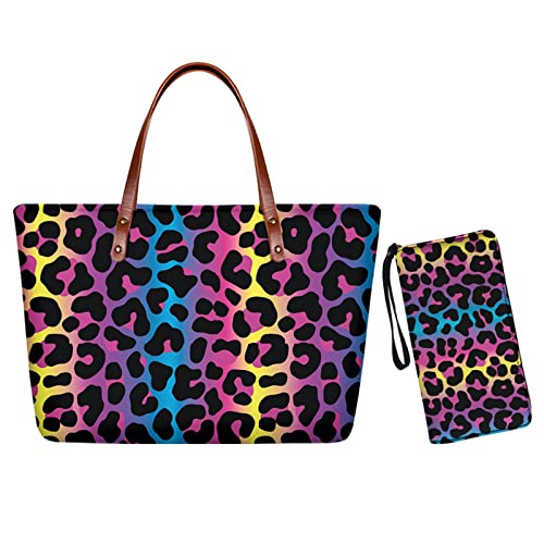 BYCHECAR Handbag and Wallet For Women Rainbow Leopard Pattern Tote Bags Large Capacity Top Handle Satchel Purse