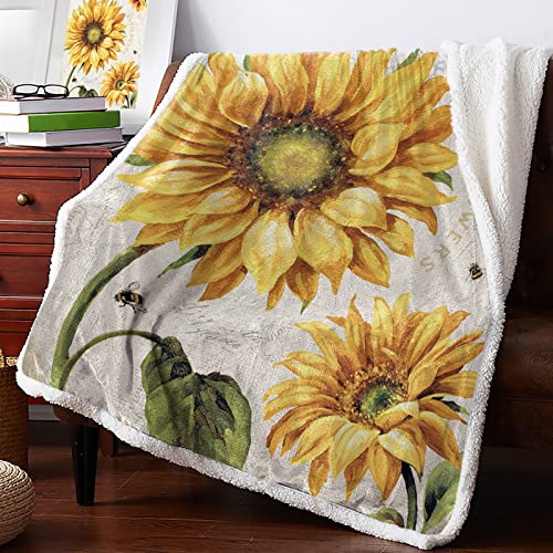 AmbeHome Luxury Sherpa Fleece Blanket, Sunflower Sherpa Blanket Fuzzy Throw Blanket Soft Plush Blankets and Throws for Bed Sofa, 50x60 Vintage Floral Bee Illustraction