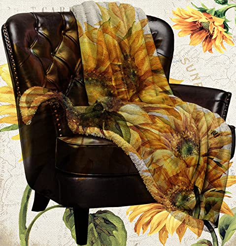 AmbeHome Luxury Sherpa Fleece Blanket, Sunflower Sherpa Blanket Fuzzy Throw Blanket Soft Plush Blankets and Throws for Bed Sofa, 50x60 Vintage Floral Bee Illustraction