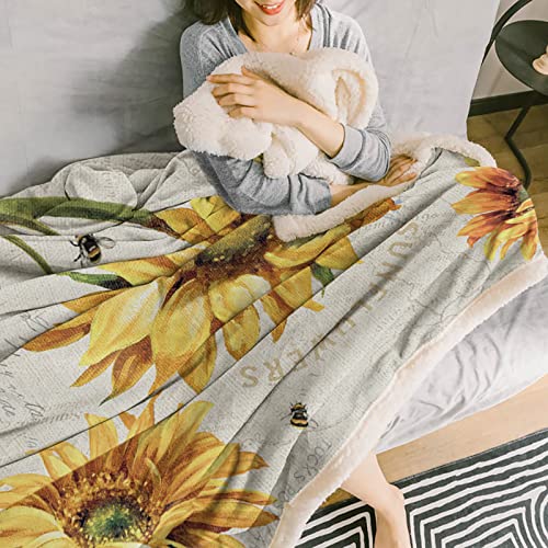 AmbeHome Luxury Sherpa Fleece Blanket, Sunflower Sherpa Blanket Fuzzy Throw Blanket Soft Plush Blankets and Throws for Bed Sofa, 50x60 Vintage Floral Bee Illustraction