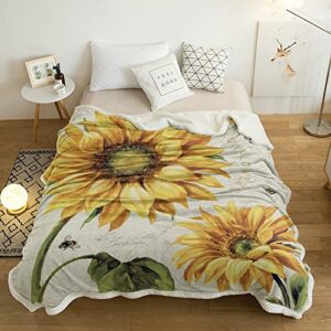 AmbeHome Luxury Sherpa Fleece Blanket, Sunflower Sherpa Blanket Fuzzy Throw Blanket Soft Plush Blankets and Throws for Bed Sofa, 50x60 Vintage Floral Bee Illustraction