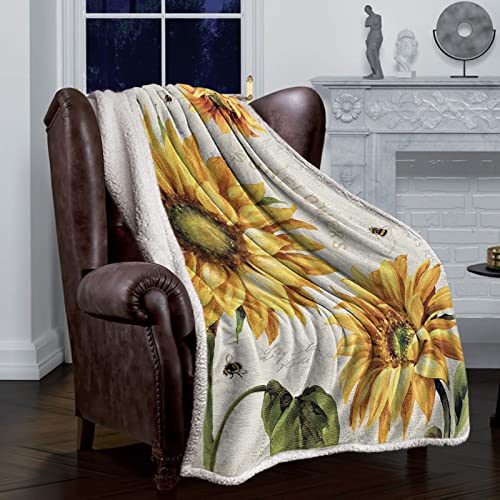 AmbeHome Luxury Sherpa Fleece Blanket, Sunflower Sherpa Blanket Fuzzy Throw Blanket Soft Plush Blankets and Throws for Bed Sofa, 50x60 Vintage Floral Bee Illustraction