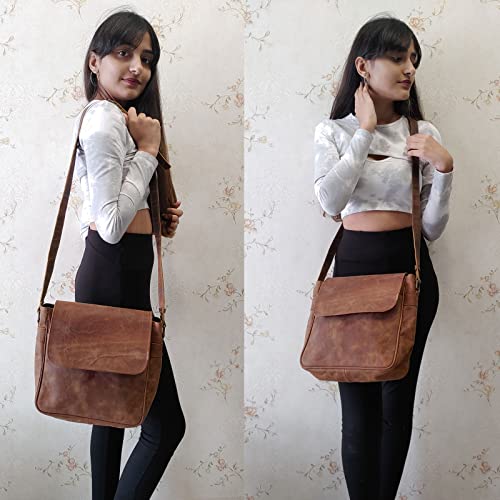 Madosh, Vintage Style Messenger Buffalo Leather Hunter Crossbody Ladies Brown Satchel Half Flap Shoulder Purse Office Work Bag