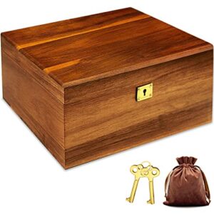 wooden storage box with hinged lid and locking key large premium solid acacia keepsake chest box -storage space to organize jewelry, toys, and keepsakes in a beautiful wooden decorative box crate