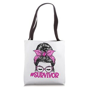 survivor messy bun glasses leopard pink breast cancer tote bag