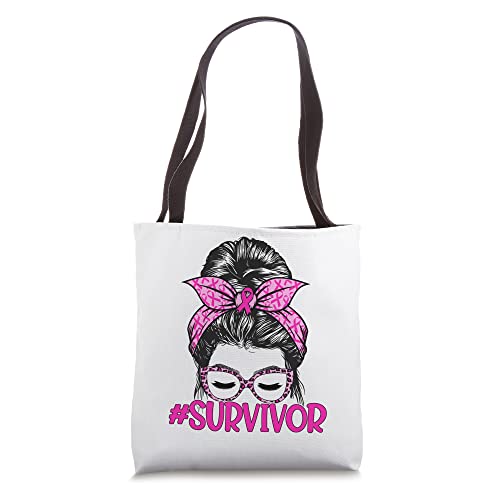 Survivor Messy Bun Glasses Leopard Pink Breast Cancer Tote Bag